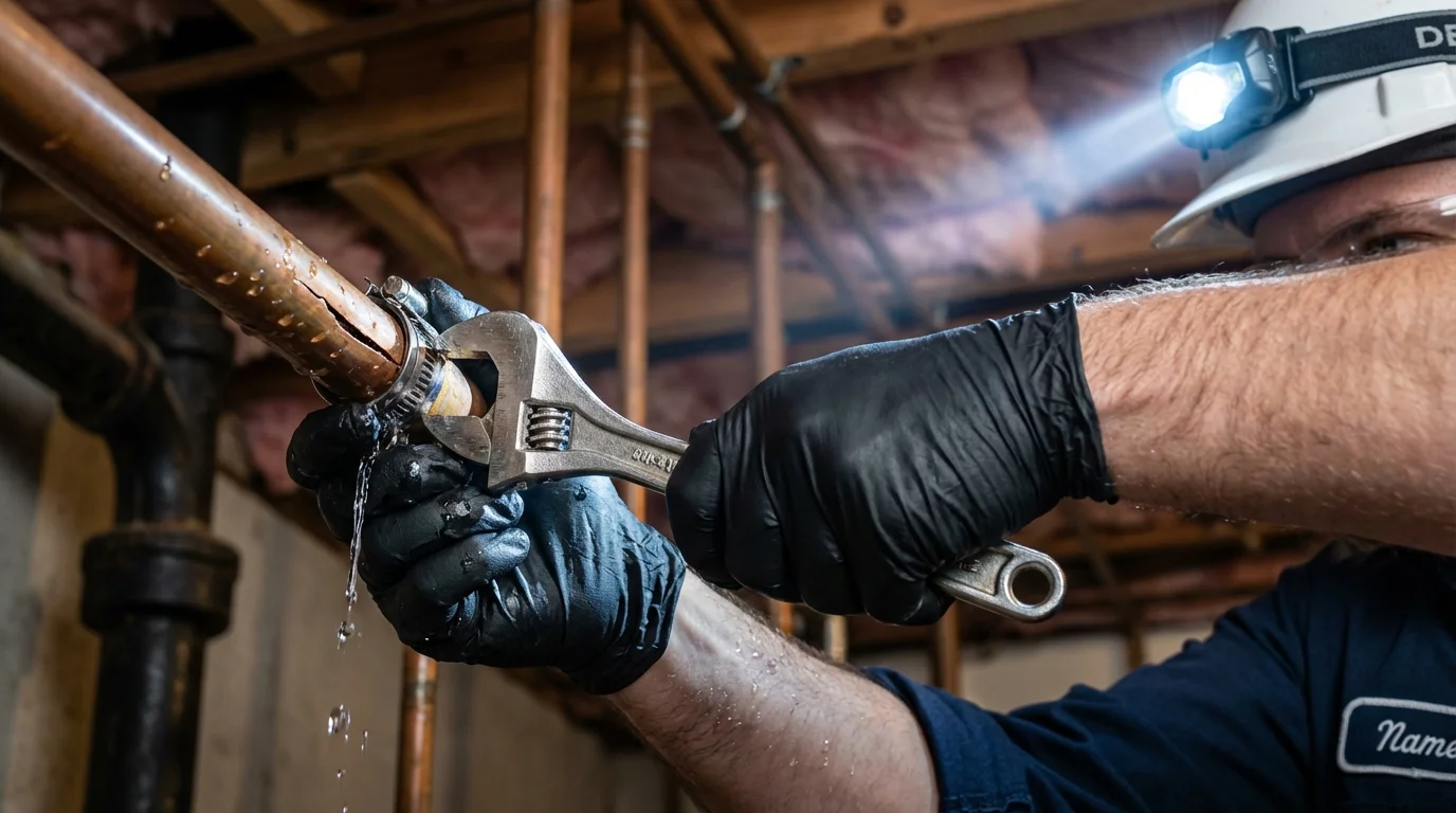 Emergency pipe clamp repair being performed by a Johns Plumbing LLC plumber in Normal