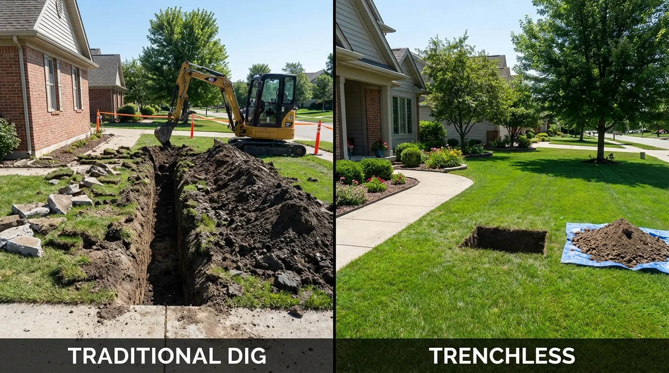 Trenchless sewer repair with minimal yard damage versus traditional excavation in Normal, IL