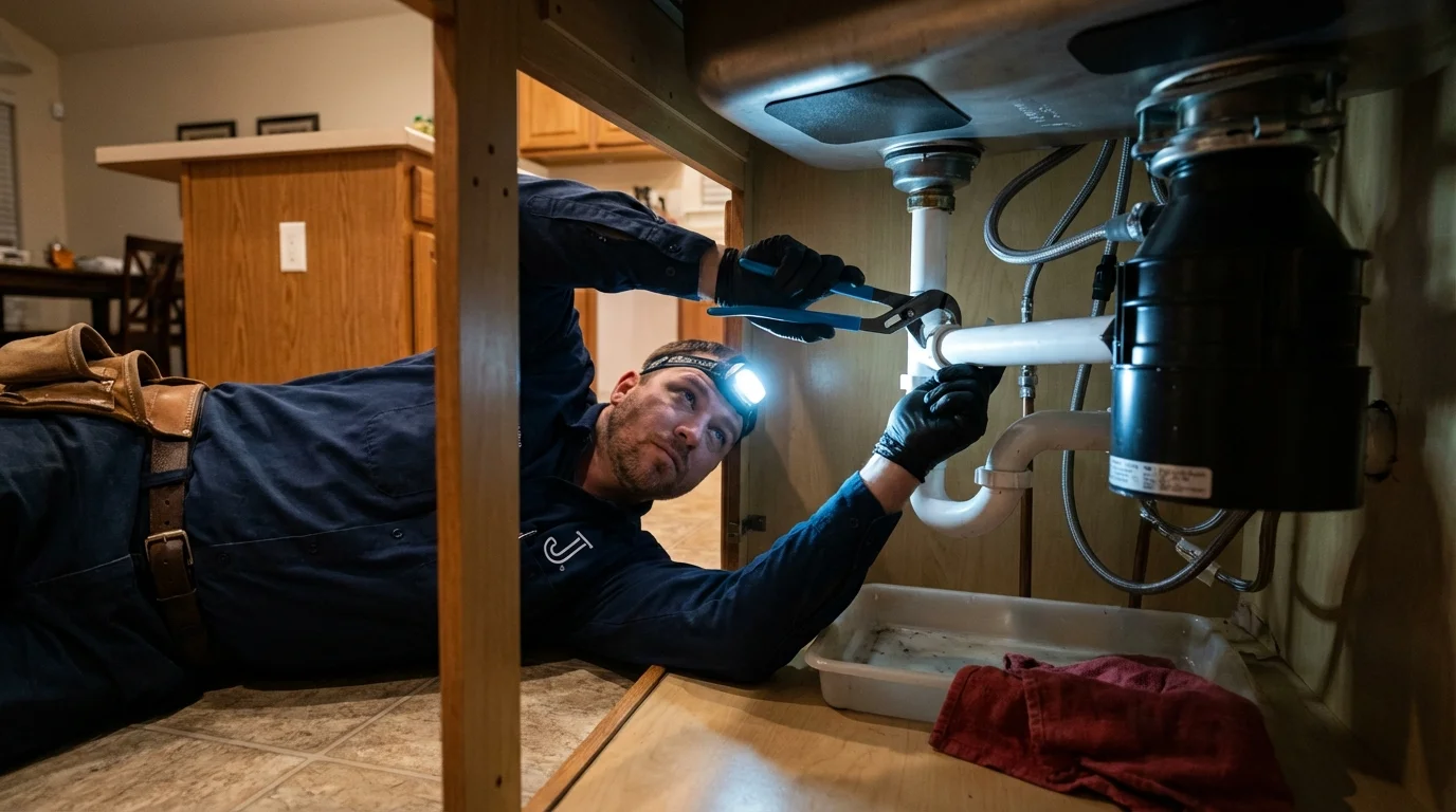 P-trap and supply line connections under a kitchen sink showing a common leak point in Normal, IL